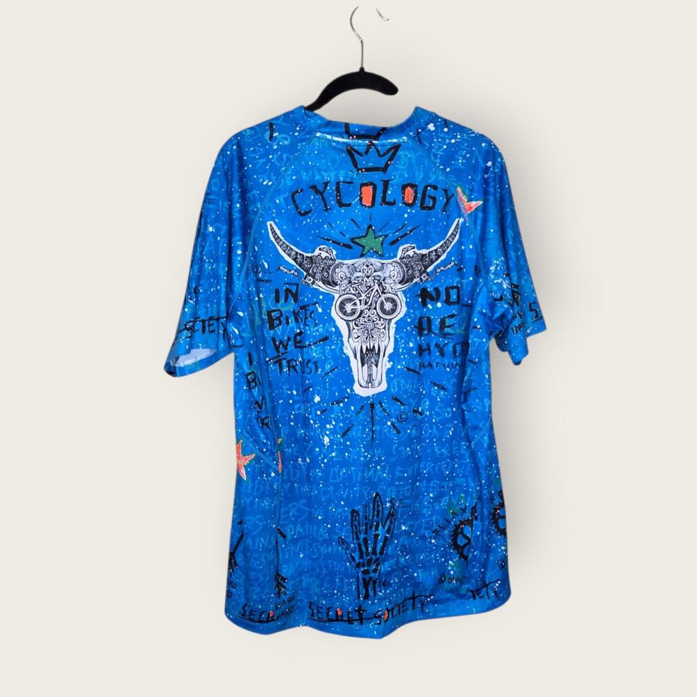 Cycology No Bull MTB Cycling Jersey Skull Blue Built In Pocket Men's Med